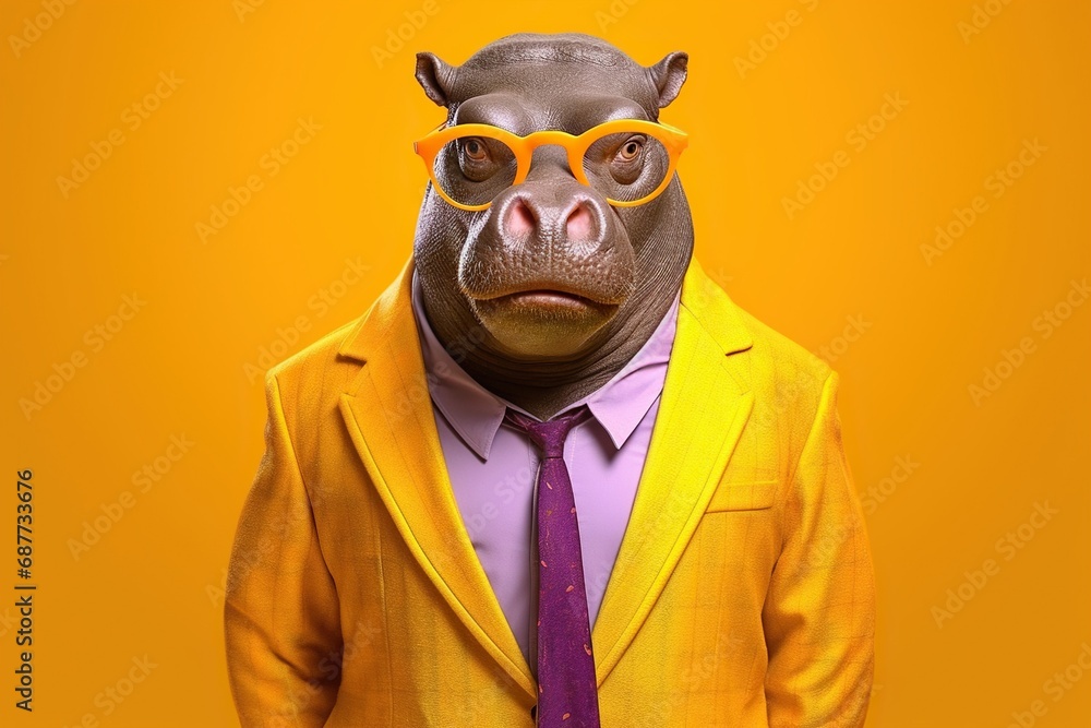 Confident cool hippo dressed as a spy on bright background Confident cool hippo dressed as a spy on bright background