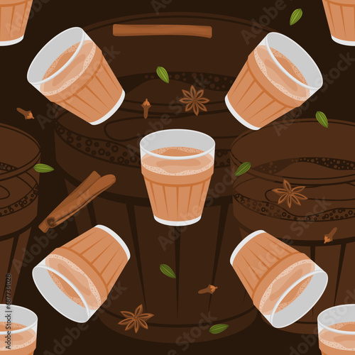 Editable Vector Illustration Seamless Pattern of Indian Masala Chai in Glass Mug with Assorted Herb Spices With Dark Background for South Asian Beverages Culture and Tradition