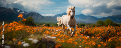 A wild white horse galloping across a meadow with flowers in the middle of nature.