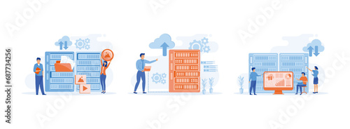 Data center services. Data server web. Business technology cloud computing service. Data center set flat vector modern illustration 