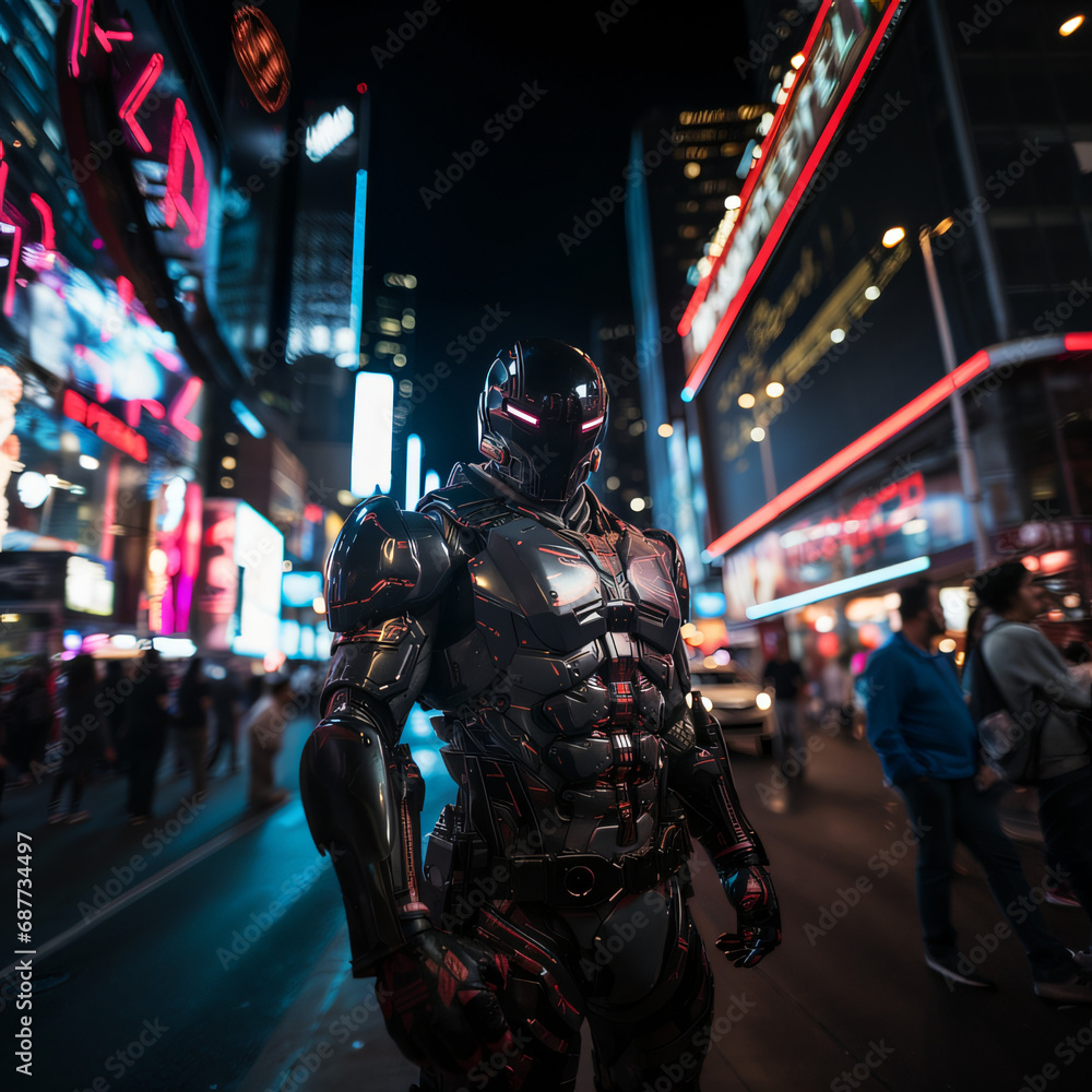 futuristic humans and robots in a city at night with neon light surroundings, AI, artificial intelligence concept, future world concept