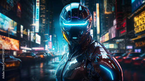futuristic humans and robots in a city at night with neon light surroundings, AI, artificial intelligence concept, future world concept