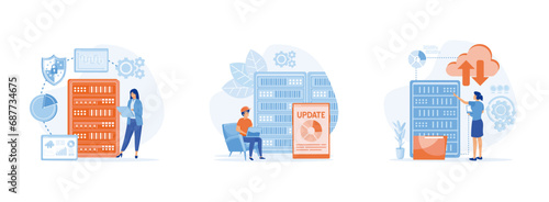 Server maintenance with monitoring tools. Man working at server rack hardware room, Server maintenance concept. Server maintenance set flat vector modern illustration