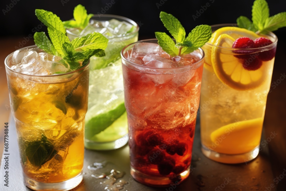 Fototapeta premium Glasses of Lemonade with Different Fruits on Table