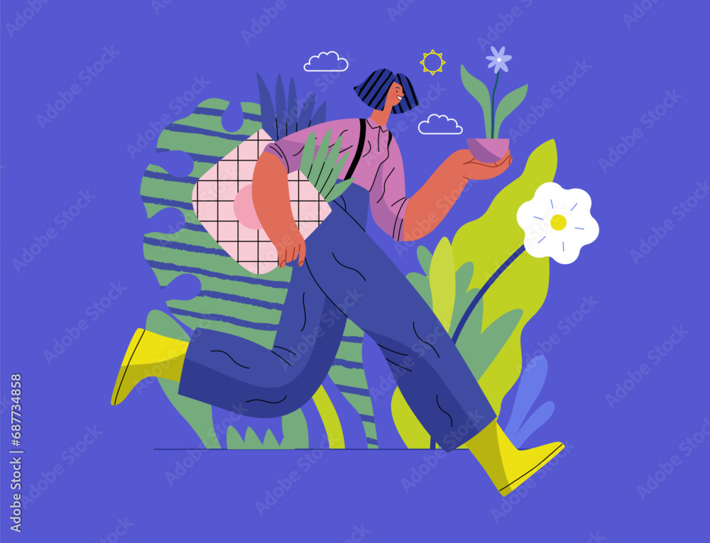 Greenery, ecology -modern flat vector concept illustration of a woman running with a eco bag and a flower in the pot. Metaphor of environmental sustainability and protection, closeness to nature