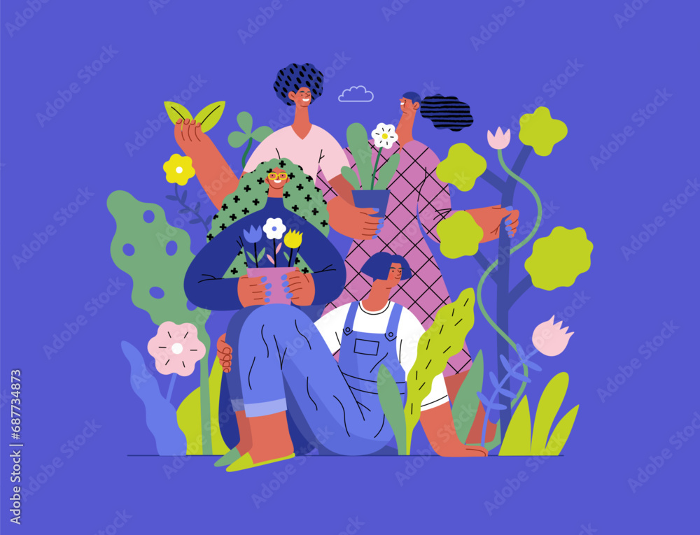 Obraz premium Greenery, ecology -modern flat vector concept illustration of people surrounded by plants and flowers. Metaphor of environmental sustainability and protection, closeness to nature