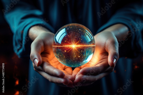 A pair of hands holding a crystal ball  symbolizing the anticipation and mystery surrounding the future. Concept of foresight and prediction. Generative Ai.