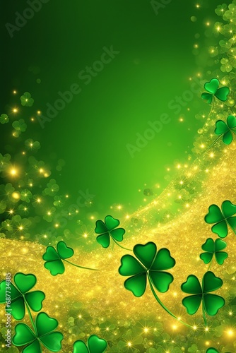 Shamrock green flowers on gold background wallpaper. AI generated