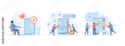 Server maintenance support. Server Security. Team doing maintenance and repairs on a server device. Server maintenance set flat vector modern illustration