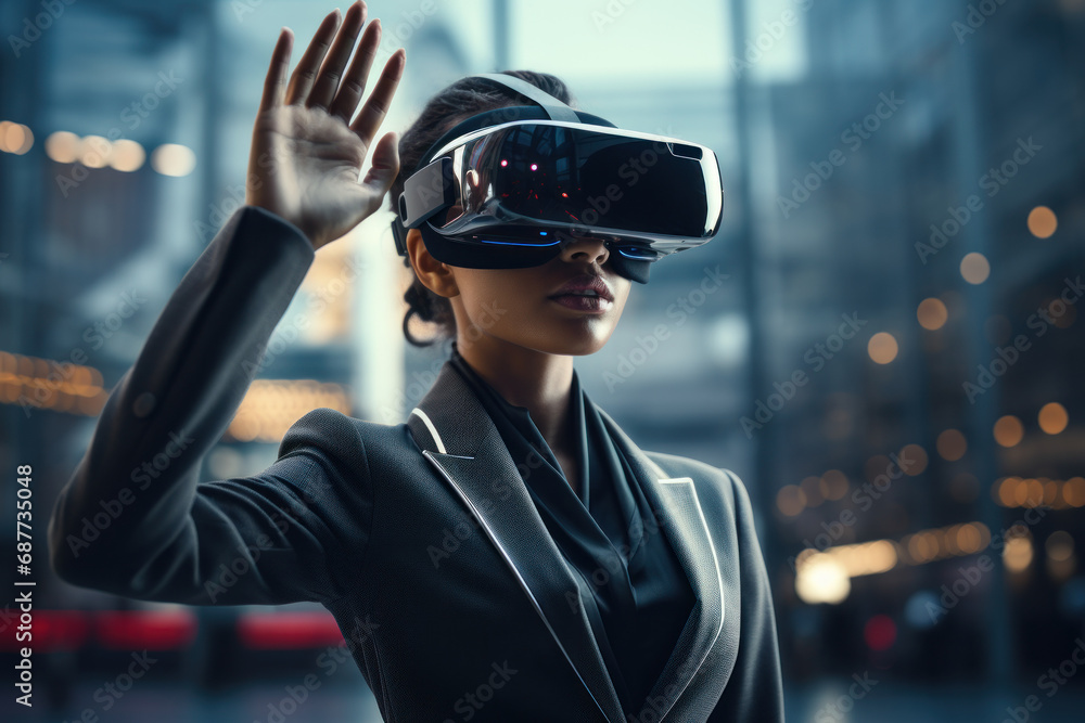 A businesswoman holding a virtual reality headset, suggesting innovation and forward-thinking in business operations. Concept of technological advancement. Generative Ai. A businesswoman holding a virtual reality headset, suggesting innovation and forward-thinking in business operations. Concept of technological advancement. Generative Ai.