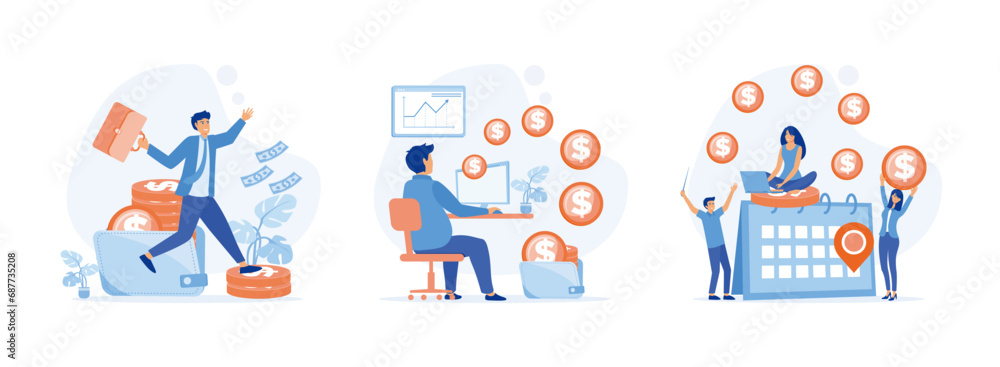 Fototapeta premium Salary Payment concept. financial wage calculation, annual tax. Showing a group of people celebrating salary payment day. Salary payment 1 flat vector modern illustration 