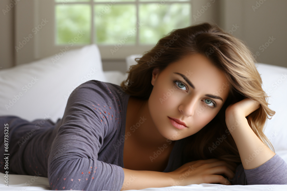 Beautiful pensive girl lying on bed while looking straight ahead. Beautiful pensive girl lying on bed while looking straight ahead.