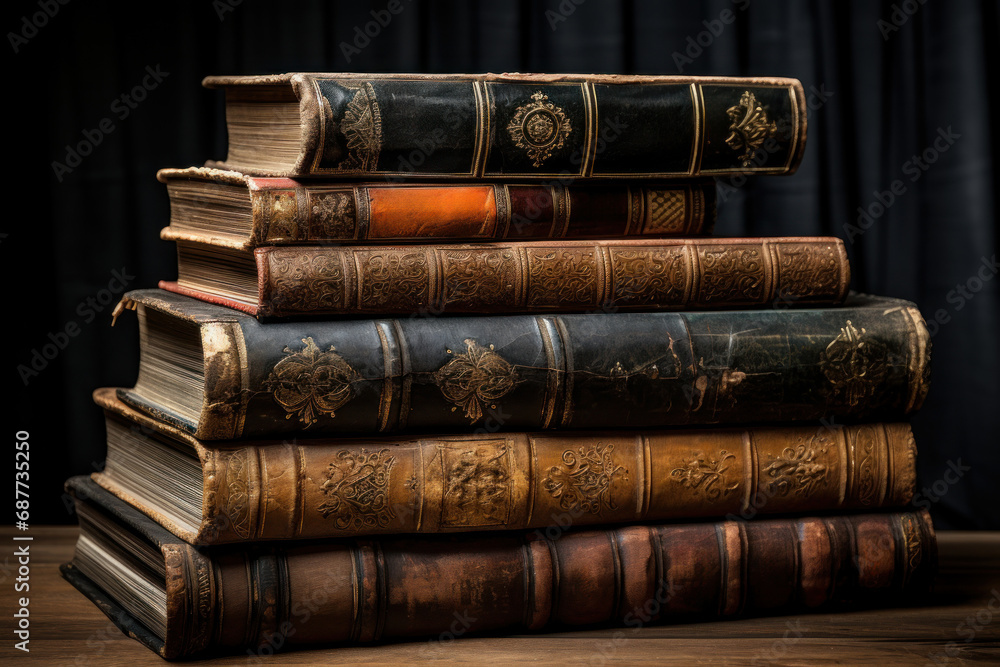 A stack of antique books with worn leather covers, embodying the timeless wisdom contained within their pages. Concept of literary heritage. Generative Ai. A stack of antique books with worn leather covers, embodying the timeless wisdom contained within their pages. Concept of literary heritage. Generative Ai.