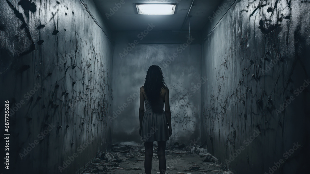 Girl stands in dark scary room alone, back view of young woman in spooky creepy place. Female person like in thriller or horror movie. Concept of terror, victim, crime, cinematic