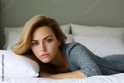 Beautiful pensive girl lying on bed while looking straight ahead.