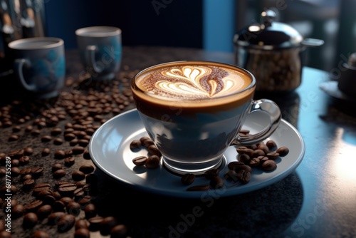 Coffee Cup on Saucer and Scattered Coffee Beans on Dark Background