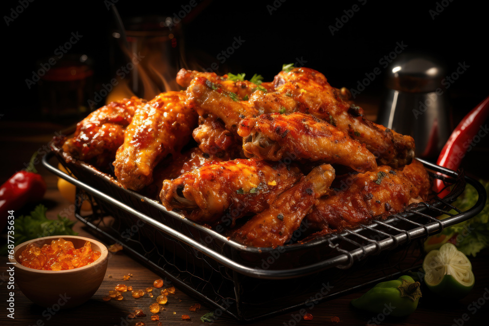 A sizzling, golden-brown chicken wing basket, exuding the enticing aroma of spicy indulgence. Concept of fiery flavor. Generative Ai.