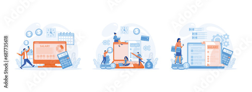 Salary concept. Payroll, salary payment with  People. Online income calculate and automatic payment. Salary payment 2 set flat vector modern illustration