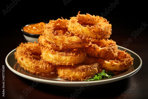 A plate of golden and crispy onion rings, inviting a delightful crunch with each bite. Concept of fried indulgence. Generative Ai.