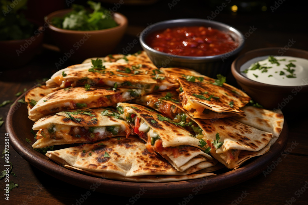 A plate of cheesy quesadillas, oozing with melted goodness and served with a side of salsa. Concept of cheesy comfort. Generative Ai. A plate of cheesy quesadillas, oozing with melted goodness and served with a side of salsa. Concept of cheesy comfort. Generative Ai.