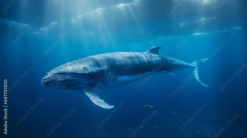 Majestic Blue Whale Swimming in Ocean Depths. Generative ai