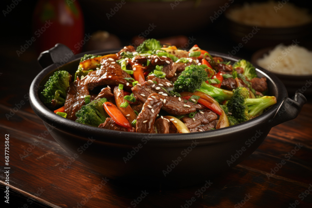 A mouthwatering bowl of beef and vegetable stir-fry, showcasing the fusion of flavors in fast-casual dining. Concept of international influence. Generative Ai. A mouthwatering bowl of beef and vegetable stir-fry, showcasing the fusion of flavors in fast-casual dining. Concept of international influence. Generative Ai.