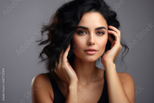 Beautiful girl with wavy hair Show off your beautiful facial skin with copy space.