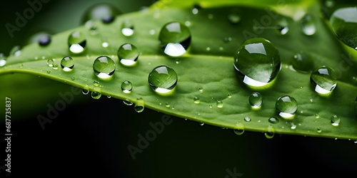 Pristine Water Droplets on Fresh Green Leaf. Generative ai