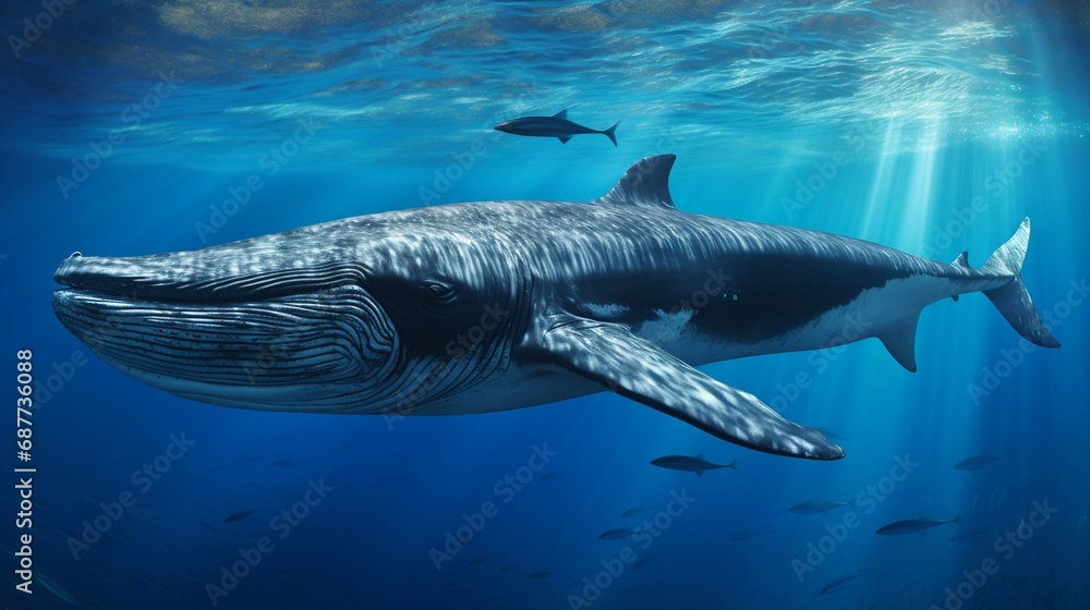 Fototapeta premium Majestic Blue Whale Swimming in Ocean Depths. Generative ai