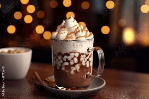 Cup of Hot Chocolate with Whipped Cream and Marshmallows on Blurred Background