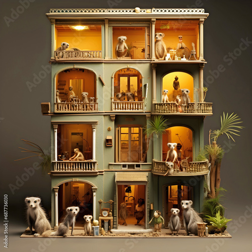 Meerkats living in dolls house, ai generated.