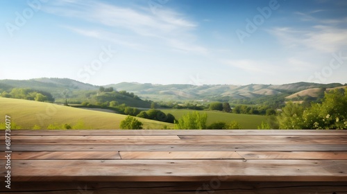 Rustic Wooden Table Overlooking Rolling Countryside Hills. Generative ai © Scrudje