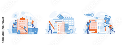 Payroll, salary payment. Salary payment annual bonus. Male and female working on payroll administrative. Payroll set flat vector modern illustration