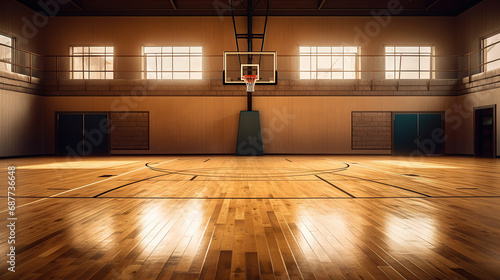 Indoor Gymnasium Basketball Hoop with Parquet Court Below. photo