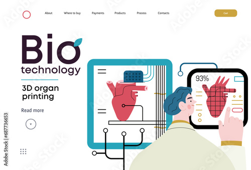 Bio Technology, 3D organ printing -modern flat vector concept illustration of 3D printer creating a human heart. Metaphor of technology in organ transplantation and the future of regenerative medicine