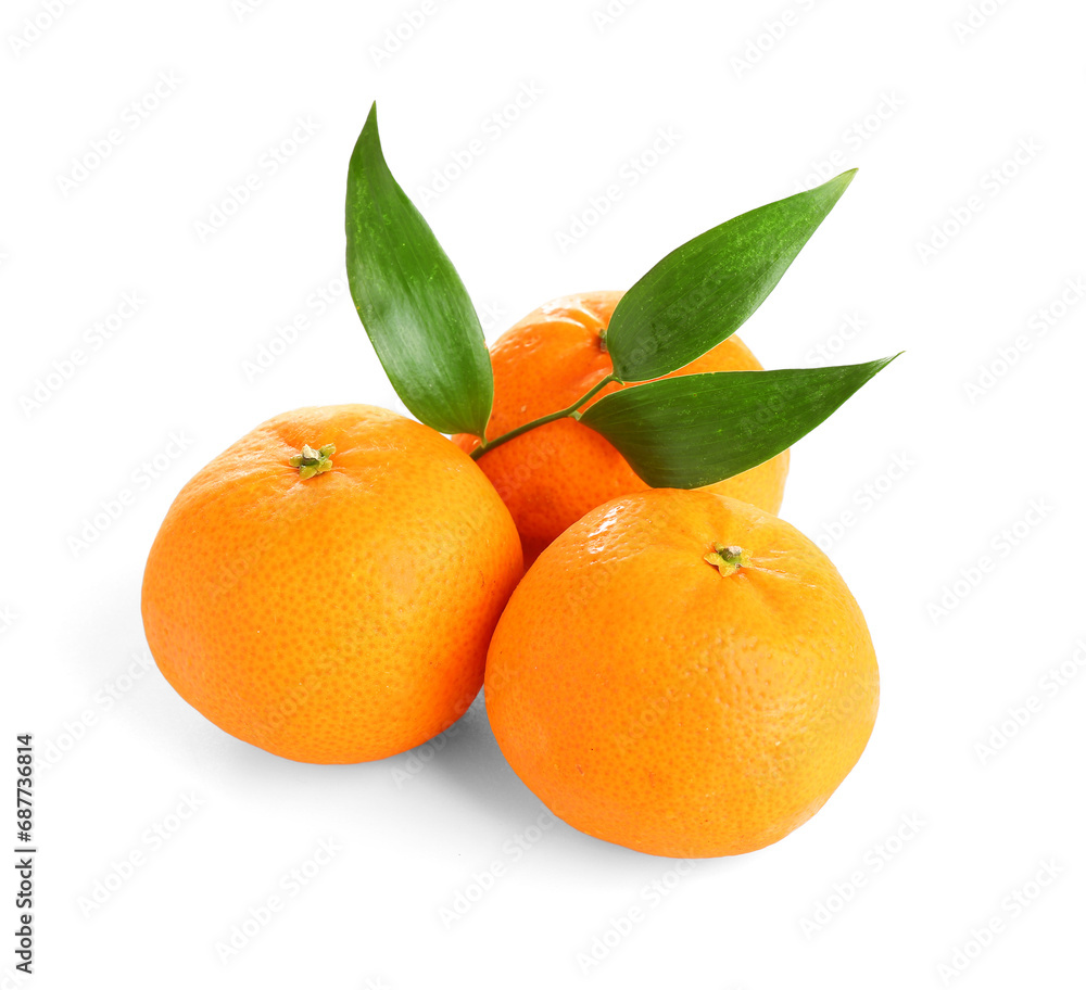 Sweet mandarins with leaves on white background Sweet mandarins with leaves on white background