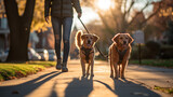 Dog Walker Managing Multiple Leashes on a Morning Sidewalk Stroll.