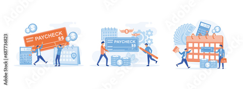 Paycheck cash. Man with Ink Pen for Signing. People Get Cash Salary Payment with Company Bank Check, Payroll. Happy male worker getting salary, Payroll. Paycheck set flat vector modern illustration
