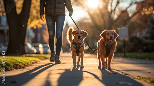 Dog Walker Managing Multiple Leashes on a Morning Sidewalk Stroll. photo