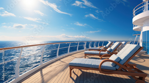 Luxury Cruise Ship Deck with Lounge Chairs and Ocean Horizon. photo