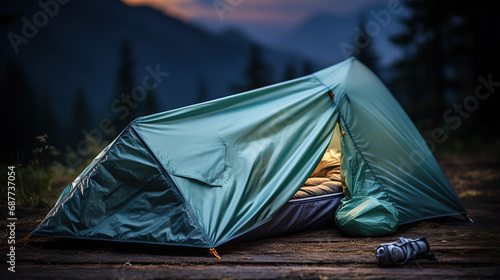 Lightweight Backpacker s Tent and Sleeping Bag Rolled Neatly on a Wooden Surface.