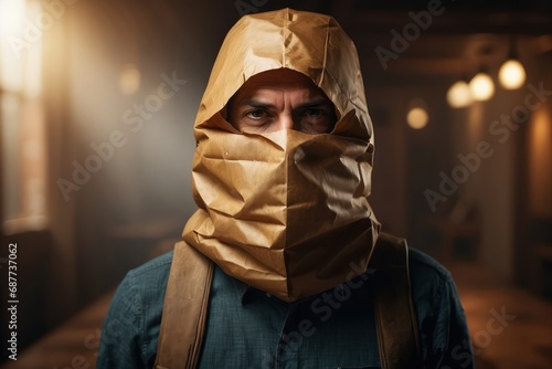 A man whose head is covered with a paper bag photo