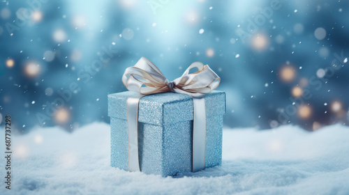 Hand Holding a Small Gift Box with a Ribbon Against a Snowy Background. © sitimutliatul