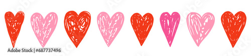 Hand drawn vector doodle hearts, various red and pink irregular sketchy shapes with grungy rough texture for Valentine's day, wedding and love themed designs