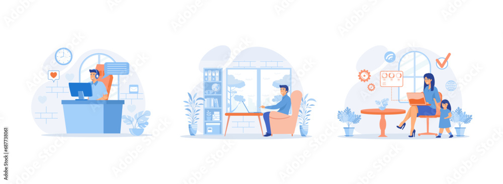 Home office concept. Freelancer man works behind a laptop. Remote worker, employee schedule, flexible schedule. Home office set flat vector modern illustration