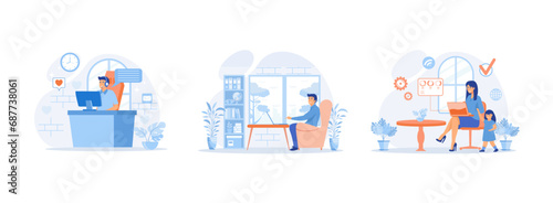 Home office concept. Freelancer man works behind a laptop. Remote worker, employee schedule, flexible schedule. Home office set flat vector modern illustration