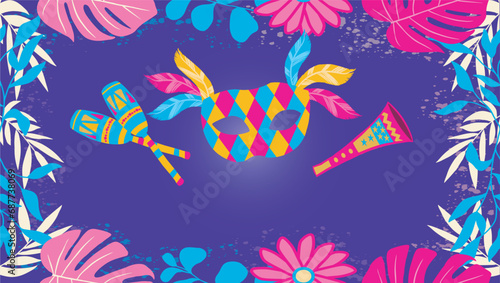 Carnival background with maracas, mask, bugles and tropical leaves on purple background. Banner for holiday celebration, masquerade or carnival party invitation. Flat vector illustration.