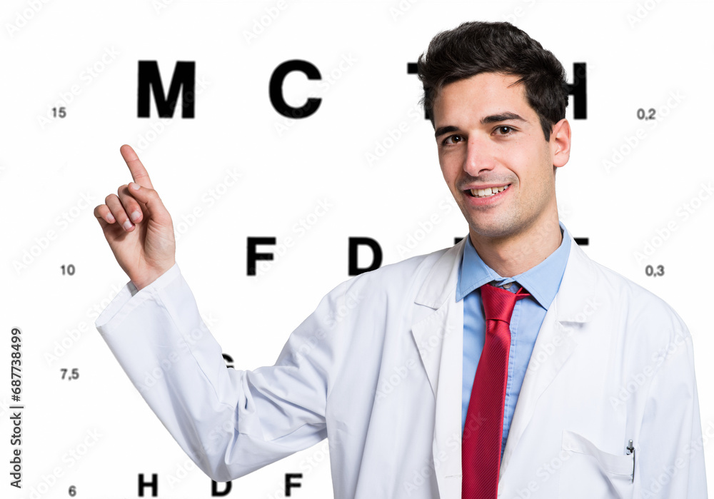 Confident male doctor pointing at eye chart Confident male doctor pointing at eye chart