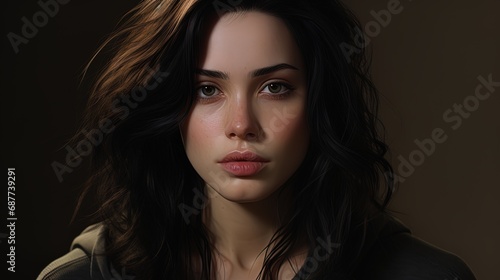 A woman with dark hair and a serious expression