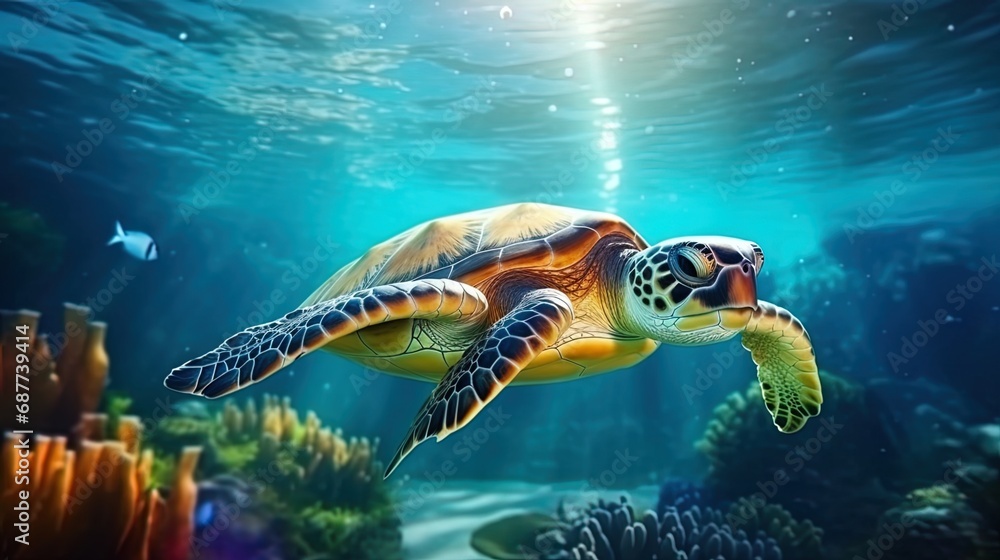 Fototapeta premium The turtle floating in crystally clean water